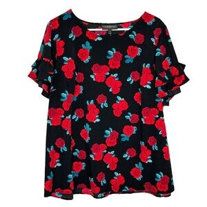 Lane Bryant Rose Floral Black Ruffled Tiered Short Sleeve Silky Top